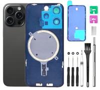 Rear Back Glass Replacement for iPhone 15 Pro Max Back Glass + Camera Lens + Magnet + Iron Piece Holder with Repair Tool Kit (Black)