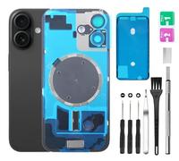 Rear Back Glass Replacement for iPhone 16 Back Glass + Camera Lens + Magnet + Iron Piece Holder with Repair Tool Kit (Black)