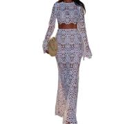 REASERAL Womens Lace 2 Piece Outfits Long Sleeves Round Neck Hollow Out Top Maxi Skirt Vacation Sets, White, Medium