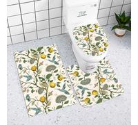 Reateforin 3 Piece Farmhouse Lemon Tree Bathroom Rug Set Rustic Blue Hummingbird Bath Rug,Contour Mat and Toilet Lid Cover,Machine Washable,Super Soft Microfiber Non Slip Bath Rugs with Rubber Backing