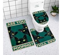 Reateforin 3-Piece Funny Black Cat Bath Rug Set - Bath Mat, U-Shape Mat, Lid Cover - Teal & Black - 19.7x31.5, 15.75x19.7x9.8, 15x17.7 inches - Non-Slip, Machine Washable - Bathroom Accessory