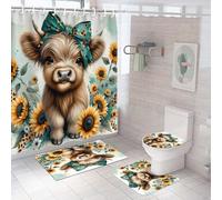 Reateforin 4PCS Teal Highland Cow Shower Curtain Set with Rug for Bathroom Decor Set Baby Girl Highland Cow Wrap Sunflower Leopard Print Funny Bathroom Set Rustic Bathroom Curtain Set with Mats,Hooks