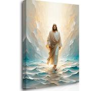 Reateforin Blue Jesus Walking on Water Pictures Wall Decor Christian Wall Art Framed Jesus Picture LDS Art Religious Painting Bible Verse Christ Home Decor Christian Painting for Mens Bedroom 12"X16"