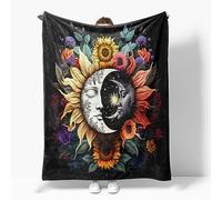 Reateforin Celestial Sun Moon Flannel Blanket Boho Mid Century Day and Night Throw Blanket Farmhouse Colorfl Sunflower Throw Blanket Bed Blanket Yellow Flowers Plush Blanket for Bedroom Decor 50"x60"