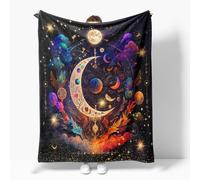 Reateforin Hippie Throw Blanket Sun Moon Stars Boho Throw Blankets Celestial Blankets Double-Sided Polyesters Home Decor Bedding Chair Couch Recliner Cover Hippie Room Decor Black Purple 50"X60"