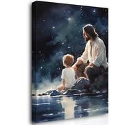 Reateforin Jesus and Boys Wall Art Framed Canvas Stargazing with Jesus Christ with a Child Kids Room Decor Watercolor Painting Happy Jesus Dreaming with God Counting Stars Artwork Pictures 12"x16"
