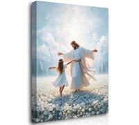 Reateforin Jesus and Children Christian Wall Decor Jeus and Little Girl Dancing together in Spring Field Wall Art Canvas Jesus Picture Poster Lds Art God with His Children Bedroom Wall Decor 12"x16"