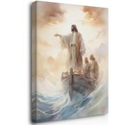 Reateforin Jesus Calms The Storm Canvas Framed Miracles Of Jesus Christ Picture,Christian Artwork Jesus Wall Art Bible Stories Painting Jesus Artwork Bible Art Christian Wall Decor for Bedroom 12"x16"