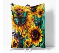 Reateforin Sunflower and Wildflower Pattern Flannel Bedspread Green Floral Pattern Butterflies, Insects, Flowers, Yellow, Teal Blue, 50"x60"