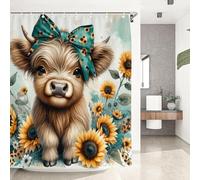 Reateforin Teal Cute Highland Cow Shower Curtain,Watercolor Floral Sunflower Shower Curtains Sets for Bathroom,Modern Farmhous Art Bath Curtain,Waterproof Fabric with 12 Hooks 72x72 Inches