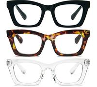 REAVEE Oprah Elegant Reading Glasses for Women, Blocks Blue Light, Cute Oversized Square Computer Reader, Spring Ring Reader, Black, leopard, transparent, 2.00