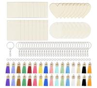 Rebanky 128 Pcs Wooden Keyrings Blank Personalized Wooden Keychain Blank Set with Natural Split Ring and Colourful Tassels