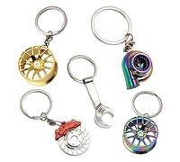 Rebanky 5 pcs Car Parts Model Key Chains car Turbo Keyring Turbocharger Keychain Brake Disc Keyrings Wheel Rim Spanner Keyrings Creative Auto Accessories Keyring for Car Lovers