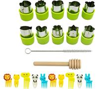 REBECASKYENS 12 Pcs Vegetable Cutter Set, Fruit Cookie Stamps, Stainless Steel Shape Cutter Sandwich Cutters for Kids, Cookie Cutters Mold/Food Picks for Kids with 10 Animal Shaped Picks (Green)
