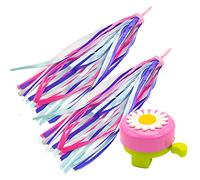 REBECASKYENS 2 Pack Girls Bike Tassels +1 Pack Kids Bike Bell with Loud Crisp Clear Sound,Flower Bicycle Bell,Rainbow Streamers for Children's Bike,Ribbons Kid's Scooter Tassels