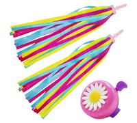 REBECASKYENS 2 Pack Girls Bike Tassels With 1 Pcs Bell Set, Loud Crisp Clear Sound,Flower Bicycle Bell,Rainbow Streamers for Children's Bike,Ribbons Kid's Scooter Tassels