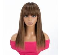 Rebecca Fashion 14 Inch Ombre Blonde Brown Straight Wig with Bangs, Human Hair, Glueless, Minimalist 2.75x1 Lace Scalp Wig for Women, Brazilian Remy Hair
