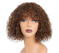 Rebecca Fashion Highlight Brown Blonde Curls Bob Wigs with Fringe Real Hair 25 cm Short Curls Water Wave Bob Wig Real Hair Wigs for Black Women Glueless Wig