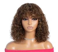 Rebecca Fashion Highlight Brown Blonde Curly Bob Wigs with Bangs Human Hair 12 Inch Short Curly Water Wave Bob Wig Human Hair Wigs for Black Women Glueless Wig 100% Brazilian Remy Hair