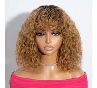 Rebecca Fashion Ombre Honey Blonde Curly Bob Wig Real Hair Wigs for Black Women 30 cm Short Curly Water Wave Bob Wig with Fringe Real Hair Wig Glueless