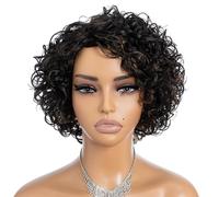 Rebecca Fashion Short Curly Human Hair Wigs for Black Women Cute Curly Bob Wig Side Part Non Lace Glueless Wigs Brazilian Remy Natural Looking Highlight Brown Black Mix Light Brown Color