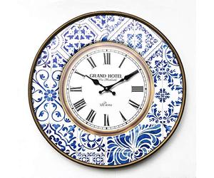 Rebecca Mobili Hanging Clock, Round Wall Clock, Metal, White Brown Blue, Vintage Style - Diameter 50 cm x 4.5 cm - Art. RE6383