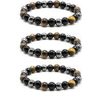 REBECCAGIBSON Set of 3 Natural Stone Tiger's Eye Haema and Black Obsidian Beads 8mm Elastic Bracelet 16-18cm Unisex Bracelet for Meditation and Wellbeing