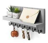 Rebee Vision Decorative Key and Mail Holder for Wall - Farmhouse 15 Inches Floating Shelf with 7 Sturdy Key Hooks for Home Entryway Wall Decor - Rustic Key Racks (Gray)