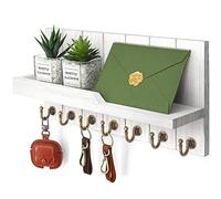 Rebee Vision Decorative Key and Mail Holder for Wall - Farmhouse 15 Inches Floating Shelf with 7 Sturdy Key Hooks for Home Entryway Wall Decor - Rustic Key Racks (White)