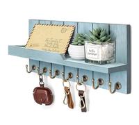 Rebee Vision Decorative Key Holder Wall Mount - Modern Farmhouse Key and Mail Holder for Wall with Shelf and 7 Key Hooks for Mail Organizer - Mid Century Aesthetic Room Decor (Distressed Blue,15-inch)