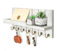 Rebee Vision Farmhouse Key and Mail Holder for Wall - Decorative Mail Organizer Wall Mount with 7 Hooks and Mounting Hardware - Elegant Key Hanger for Entryway and Home Wall Decor (Whitewash,15-inch)