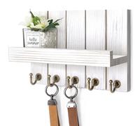 Rebee Vision Farmhouse Key Holder for Wall - Decorative Mail Organizer & Key Rack Wall Mount - Elegant 5 Sturdy Key Hooks with Floating Shelf for Living Room Decor (Whitewash, 3.54"D x 10"W x 7.28"H)