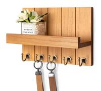 Rebee Vision Farmhouse Key Holder for Wall - Decorative Wall Shelf with Key Hooks & Mail Organizer Wall Mount for Apartment Essentials - Rustic Living Room Decor (Light Brown, 3.54"D x 10"W x 7.28"H)