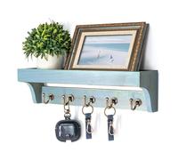 Rebee Vision Farmhouse Key Holder for Wall - Decorative Wooden Mail Organizer with 5 Rustic Key Hooks and Floating Shelf for Home Decor (Blue)