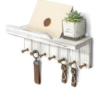 Rebee Vision Farmhouse Key Holder Wall Mount - Key and Mail Holder for Wall with 7 Sturdy Key Hooks and Floating Shelf - Boho Decor for Apartment Essentials (Whitewash)