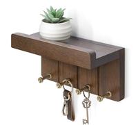 Rebee Vision Farmhouse Key Holder Wall Mount - Small Key and Mail Holder for Wall with 4 Hooks and Mini Floating Shelf - Ideal Apartment Essentials for Room Decor Aesthetic (Rustic Brown)