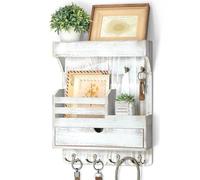 Rebee Vision Farmhouse Key Holder Wall Mount with Drawer Organizer - Pine Wooden Mail and Key Organizer for Wall with 6 Rustic Hooks & Floating Shelf - Chic Home Decor Accent (Whitewash)