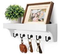 Rebee Vision Key and Mail Holder for Wall with Floating Shelf : Decorative Hanging Organizer with 5 Sturdy Keys Hooks and Wall Mount Key Rack - Farmhouse Entryway Décor (Modern White)