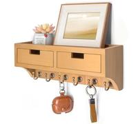 Rebee Vision Key and Mail Holder Wall Mount - Light Brown, 1 Shelf, 2 Drawer Organizer, 6 Hooks - Home Organization Essential