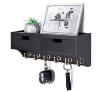 Rebee Vision Key Holder Wall Mount with 2 Drawer Organizer : Decorative Mail Organizer with 6 Key Hooks & Small Wall Shelf - Modern Home Decor for Apartment Essentials (Black)