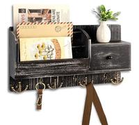 Rebee Vision Key Holder Wall Mount with Drawer & Mail Sorter - Rustic Wall Mail Organizer with Key Hooks for Entryway, Office, and Kitchen - Wooden Storage Drawer for Letters & File (Old Black)