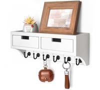 Rebee Vision Key Holder Wall Mount with Drawer Organizer: Mail Organizer with 6 Key Hooks & Dual Drawer Storage - Room Decor for Home and Apartment Essentials (Modern White)