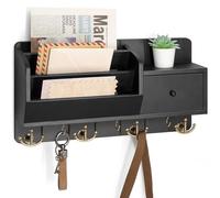 Rebee Vision Key Holder Wall Mount with Mail Sorter - Decorative Mail Organizer for Wall with Key Hooks and Drawer Organizer - Modern Home Essentials for Room Decor (Black)