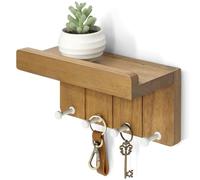 Rebee Vision Modern Farmhouse Key Holder Wall Mount - 8 inch Rustic Key and Mail Holder for Wall with 4 Hooks and Small Floating Shelf - The Perfect Aesthetic Stuff in Your Apartment (Light Brown)