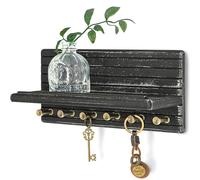 Rebee Vision Pine Wood Key Holder Wall Mount - Chic 11-Inch Key Holder for Wall with 6 Hooks & Floating Shelf - Elegant Hanging Shelf Accent for Rustic Farmhouse Home Decor (Old Black)