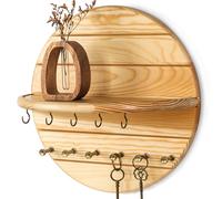 Rebee Vision Pine Wood Key Holder Wall Mount Decorative - Round Wooden Rustic Key Holder for Wall with 11 Hooks and Floating Shelf- Circular Mail Organizer for Home Decor, Living Room (Natural Wood)