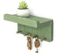 Rebee Vision Pine Wood Key Holder Wall Mount - Farmhouse Small Key Holder for Wall with 4 Hooks to Hang Watch or Tie - Rustic Home Decor for Home Essentials (Green)