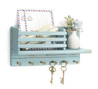 Rebee Vision Pine Wood Key Holder Wall Mount for Home Decor - 6 Hooks for Hats, Essential Home Organizer - Farmhouse Key Holder for Wall Mail Slot Can Store Letters & Files (Blue)