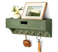 Rebee Vision Pine Wood Key Holder Wall Mount with Drawer Organizer for Home Decor - Mail Organizer with 6 Key Hooks & Storage Shelf - Apartment Essentials for Entryway, Living Room (Green)