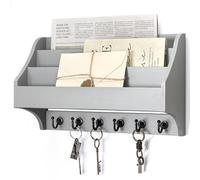 Rebee Vision Pine Wood Mail Organizer Wall Mounted - Farmhouse 3-Tire Mail Holder for Wall with 6 Key Hooks - Multifunctional File Organizer for Home Decor & Entryway (Gray)